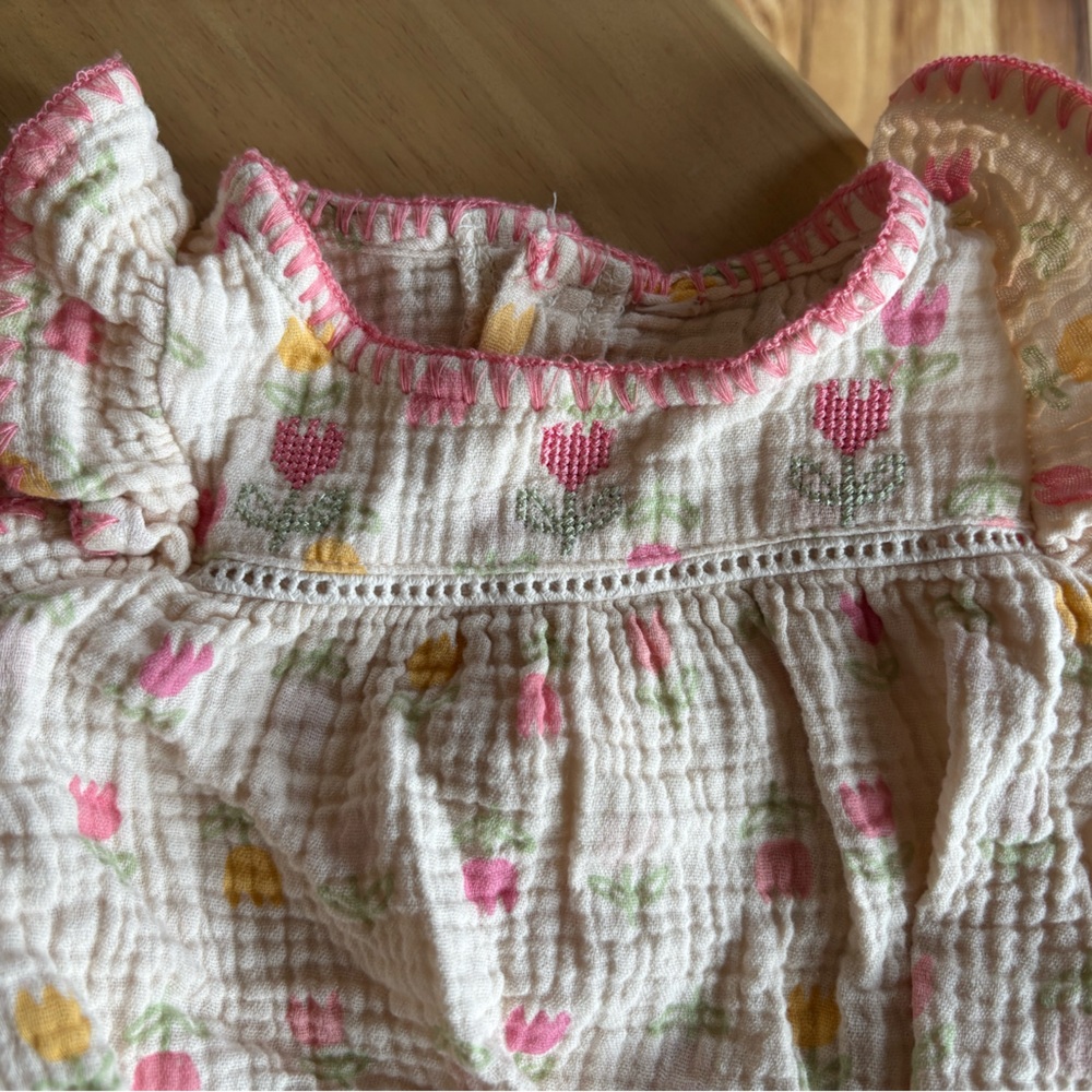 Set of 2 Bubble Rompers 1)Chick Pea Organic Embroidered 2) Peach Ruffles Sun